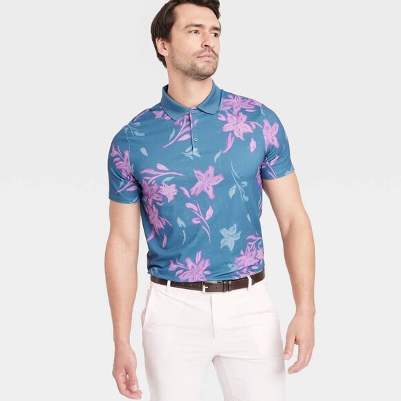 Medium - Mens Floral Print Textured Polo Shirt - All In Motion - Blue - Picture 3 of 6